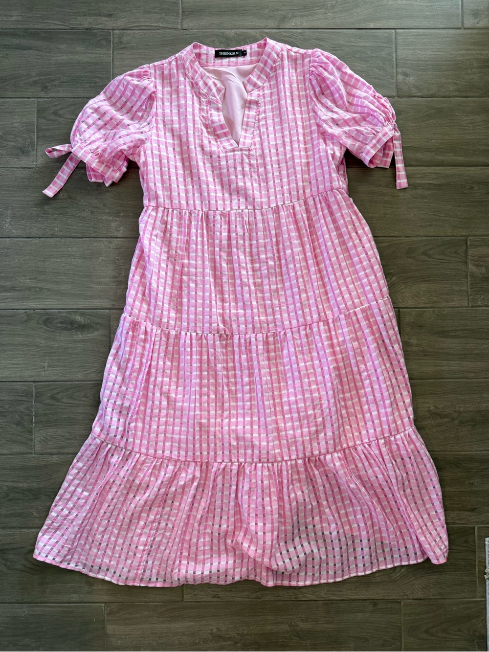 THEENKOLN Pink Gingham Tiered Midi Dress with Puff Sleeves, has pockets!